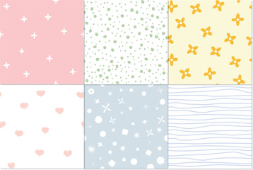 Set of 6 seamless textures with various hand drawn motives such as flowers, hearts and lines