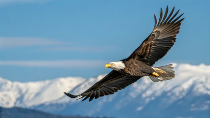 Obraz premium Majestic Bald Eagle Soaring Against a Scenic Mountain Background
