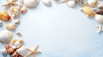 Fototapeta premium Seashells and Starfish Summer Border on Blue Background