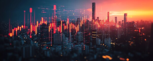 Double exposure of digital world finance concept, cityscape at night, glowing financial symbols, urban skyline, modern tech design, global trade network, neon city lights