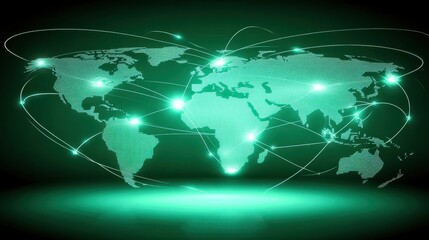 Naklejka premium Global network visualization, interconnected world map depicting data flow and communication