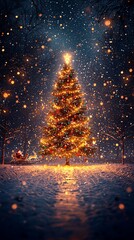 Naklejka premium Illuminated christmas tree in snowy winter wonderland
