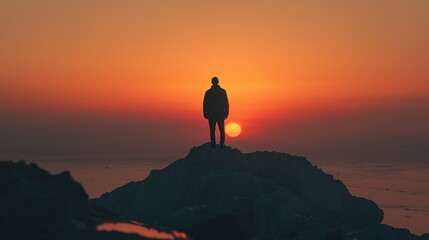 Obraz premium Solitude at Sunset: A Man's Silhouette Against the Vibrant Horizon