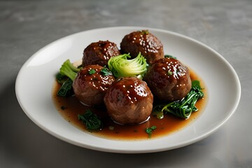 Gourmet Chinese Meatballs with Bok Choy on White Plate