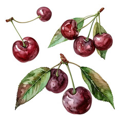 Cherry set isolated on white background, vintage watercolor old botanical illustration