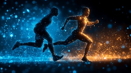 Naklejka premium Two Runners Composed Of Sparkling Light Particles