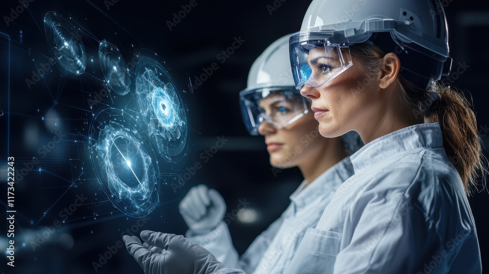 Poster fusion energy and laser experiments concept, innovative scientists collaborating on advanced technol