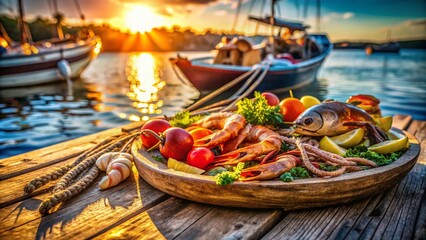 Obraz premium Nautical Feast: Fresh Seafood Beside a Rustic Fishing Boat's Rope and Chain