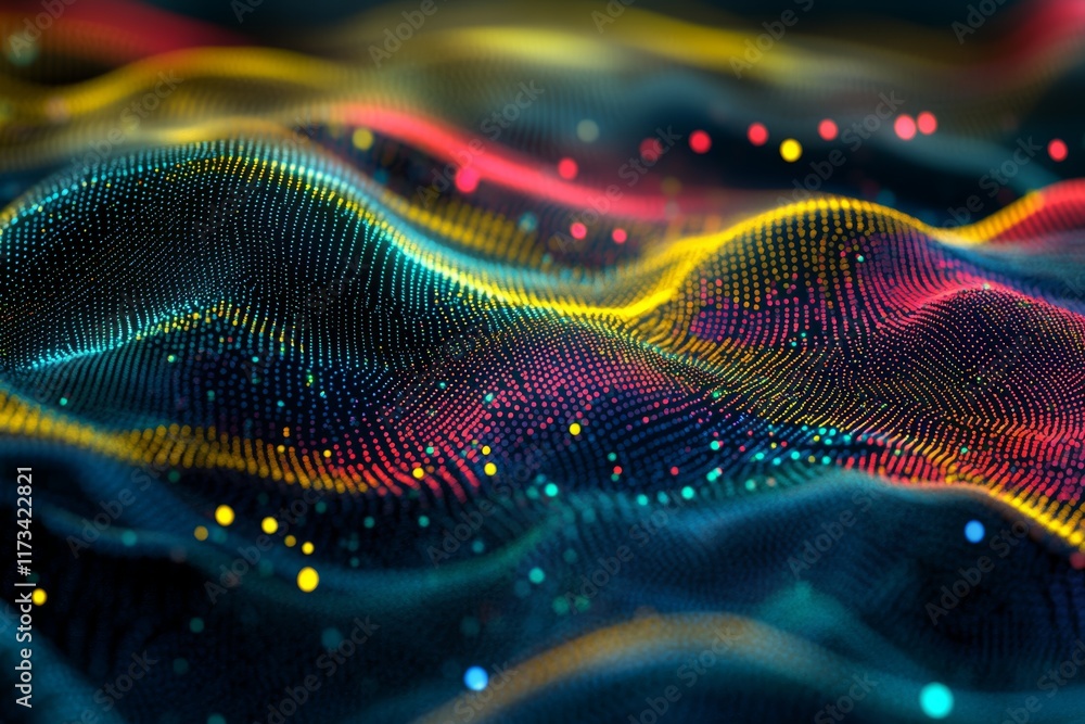 Poster experience a vibrant digital world with this abstract isometric mesh, showcasing flowing waves of in