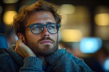 man shows discomfort while rubbing his neck computer session office. His posture reveals tension extended hours desk.