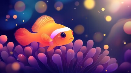 A vibrant, cartoon-style fish swimming among colorful coral and glowing lights.