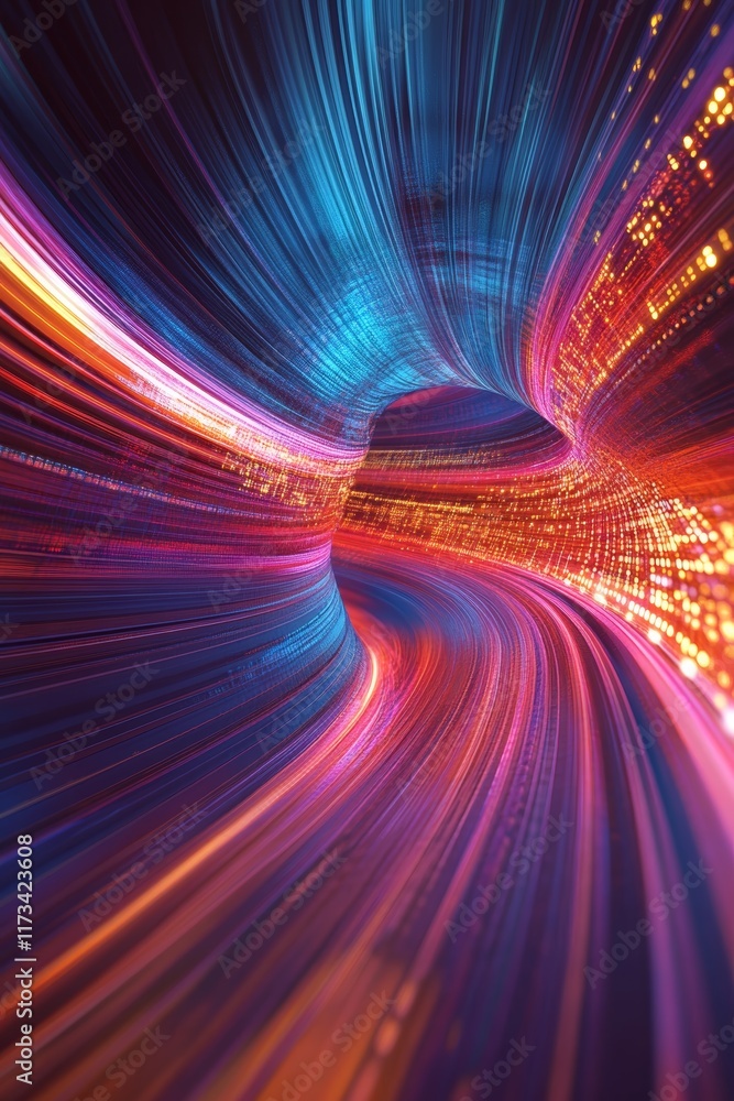 Poster abstract design with swirling colors creating dynamic flow and movement in a digital landscape