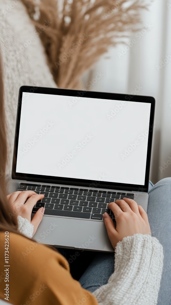 Poster woman sitting on a comfortable sofa at home, typing on a laptop computer with a blank white screen, 