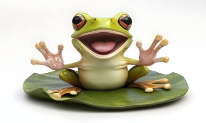Cheerful green frog figure with big eyes and open mouth on a leaf.