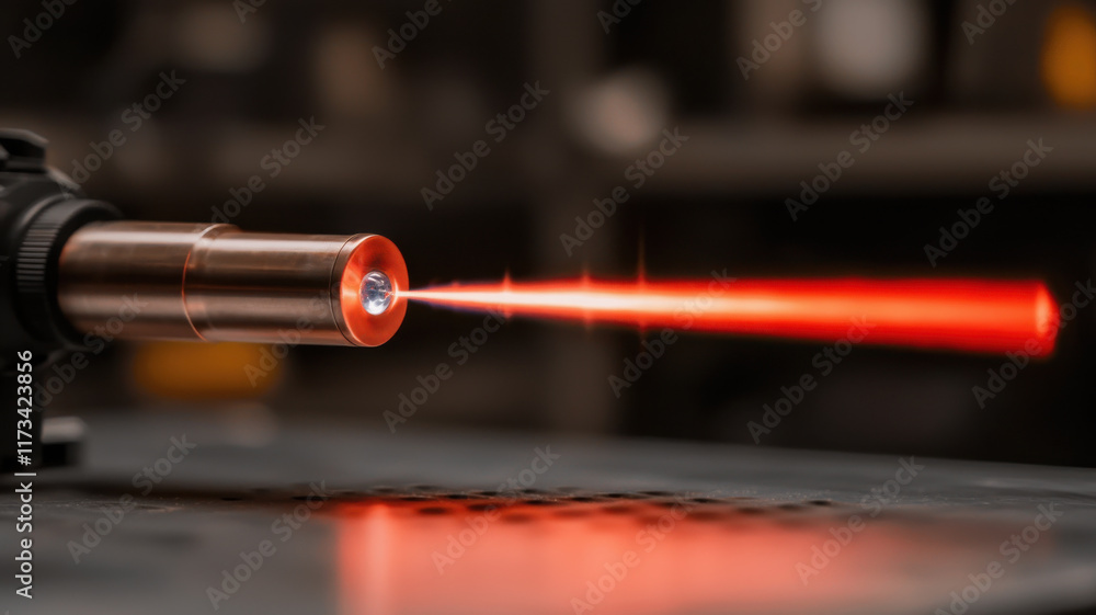 Poster fusion energy and laser experiments concept, futuristic laser system emitting bright red beam in lab