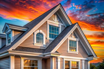 New American Home Gable, White Vinyl Siding, Sunset