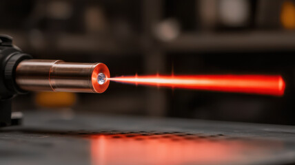 Fusion Energy and Laser Experiments Concept, Futuristic laser system emitting bright red beam in lab setting