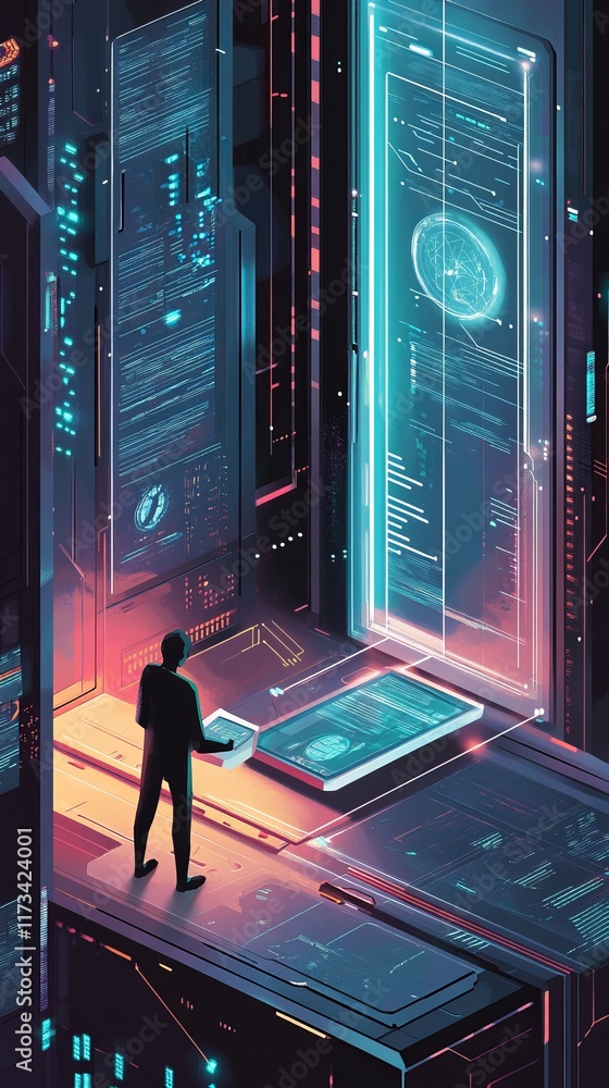 Aufkleber man is standing in front of a computer screen with a box in his hand. the image is a futuristic scen