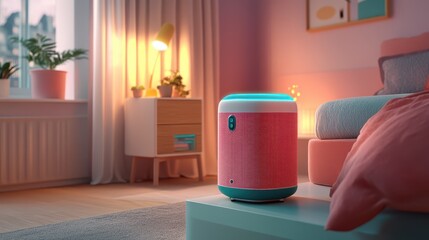 Pink and blue portable speaker, highquality audio for music lovers on wooden table