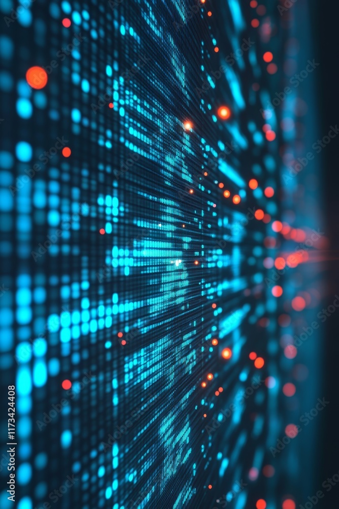 Poster abstract concept of big data represented by dots and lines in digital background with blue and red c