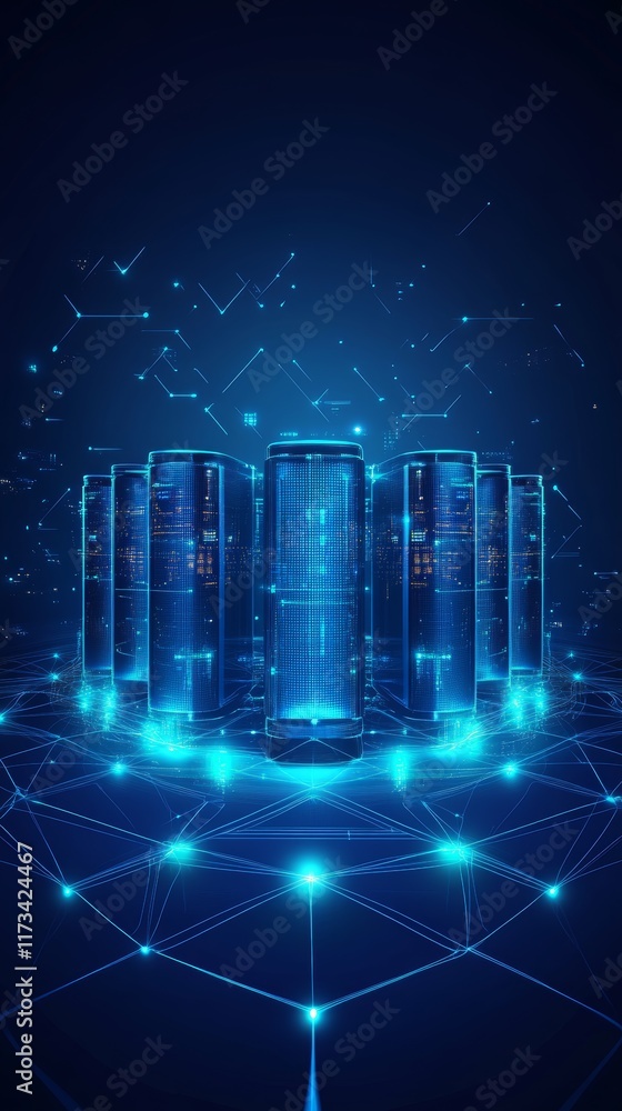 Poster modern data network with high-tech storage units and connected elements representing information flo