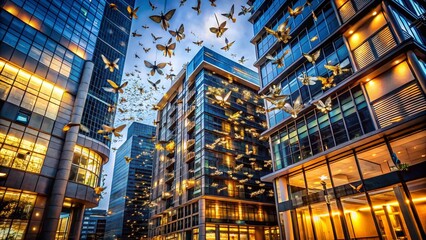 Fototapeta premium Night Architecture, Moth Swarm, Urban Insects, City Lights, Lamp Post Illumination