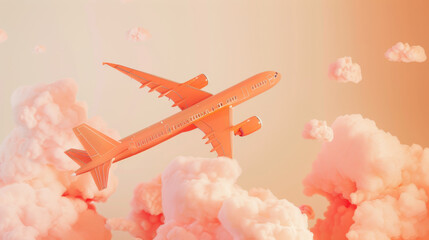 orange airplane flying through geometric clouds on peach background