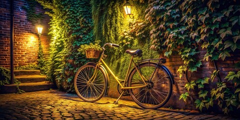 Fototapeta premium Night Bike Lane Ivy Wall, Urban Cycling, Dark Green Leaves, Cityscape, Night Photography