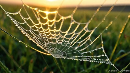 Perfect spider web hanging on the grass and glowing the morning light. Selective focus on cobweb. Magical atmosphere in early morning. a spider web with some water droplets early in the morning.