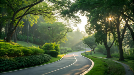 Fototapeta premium Serene Morning Pathway Through Lush Green Trees in Soft Light