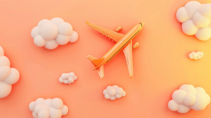 orange airplane flying through geometric clouds on peach background