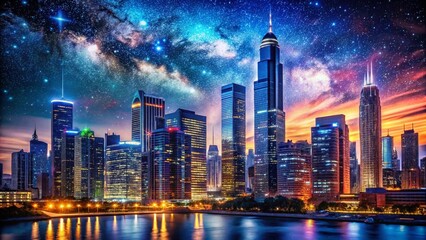 Fototapeta premium Night Cityscape: Illuminated Buildings and Dark Skies - Urban Night Photography