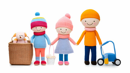 Happy knitted family dolls holding hands, with a toy dog and pushcart; isolated white background; ideal for children's products.