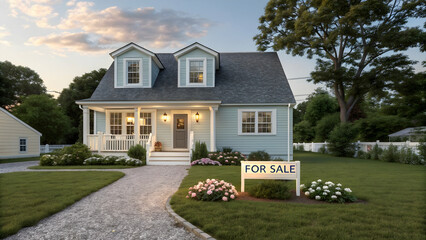 Charming Light Blue House with Garden and For Sale Sign