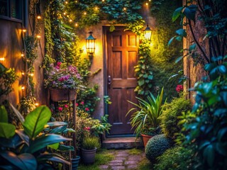 Fototapeta premium Night Garden Doorway: Close-up of enchanting backyard entrance at night