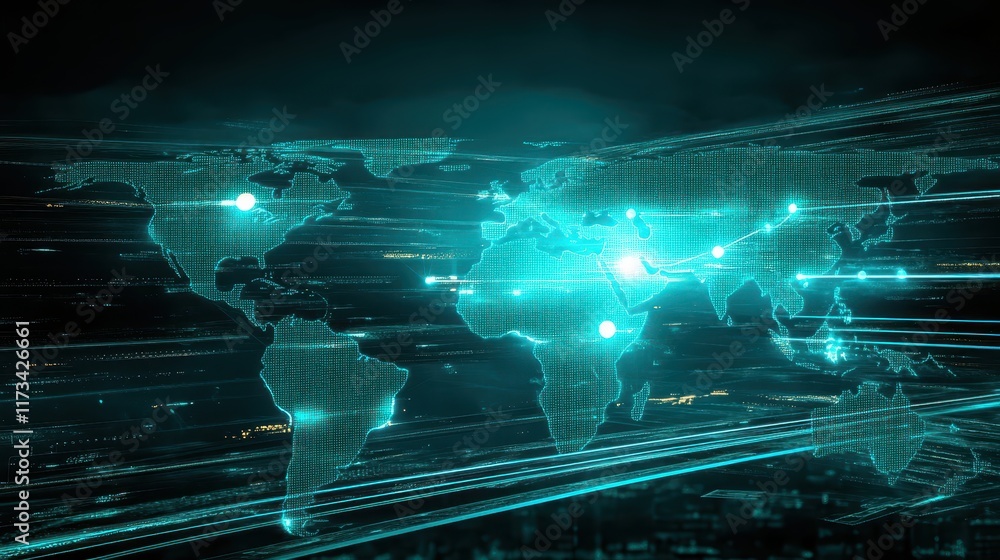 Poster illuminated world map, visualizing global connections, data flow, and network communication