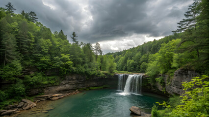 Fototapeta premium Serene Waterfall Surrounded by Lush Greenery and Cloudy Sky