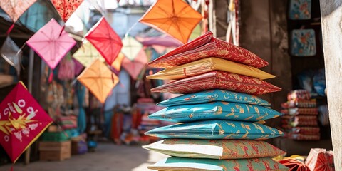 Fototapeta premium Vibrant Kites Await Flight: Colorful Kites Stacked for Sale at a Bustling Market