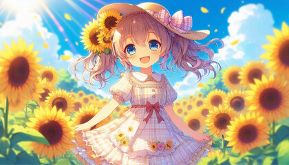 Cheerful Girl in Sunflower Field with Blooming Sunshine and Blue Sky Scene