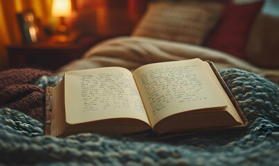 Open journal with handwritten notes rests on a cozy blanket near a warm lamp, creating a calm and peaceful atmosphere.