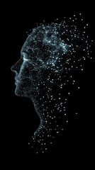 This captivating image showcases an abstract profile of a human face, composed of glowing particles and geometric designs, symbolizing creativity and technology.