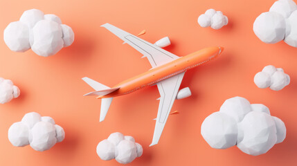 orange airplane flying through geometric clouds on peach background