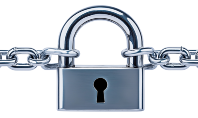 a padlock flanked by two straight chains sizes isolated on a transparent background