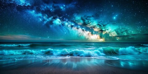 Fototapeta premium Night Ocean Waves: Turquoise Glow, Coastal Serenity, Dark Water, Starry Sky, Beach Scene