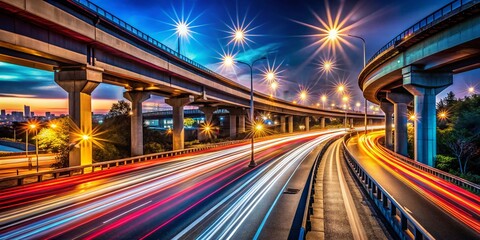 Fototapeta premium Night Overpass Lights, Captivating Car Light Trails, Cityscape, Urban Night Photography, Highway Lights