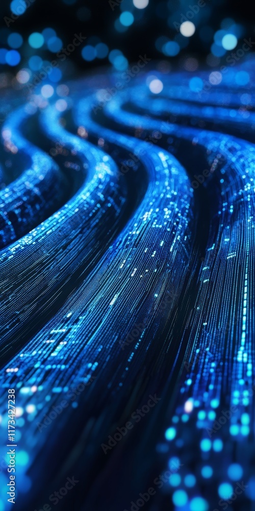 Poster digital data streams with repeating patterns of blue light and information flowing across a futurist