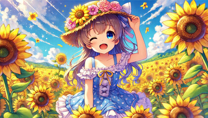 Cheerful Girl in Sunflower Field with Blooming Sunshine and Blue Sky Scene