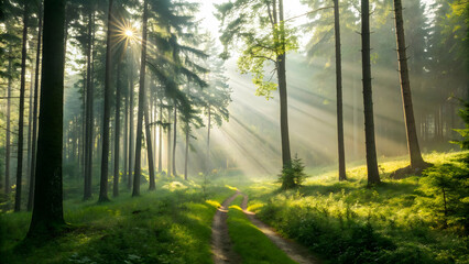 Obraz premium Serene Forest Path with Soft Sunlight and Misty Atmosphere