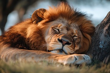 Naklejka premium A sleeping lion rests peacefully under a tree in nature.