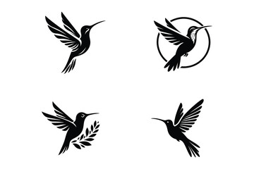 Collection of Black Hummingbird Silhouettes Isolated on White